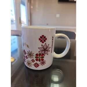 Starbucks White, Red & Gold Snowflakes Coffee Mug Tea Christmas 12 oz (009)